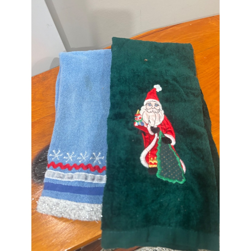 Christmas Hand Towel Set Embroidered Santa Claus and Snowflakes Blue Green 2pc